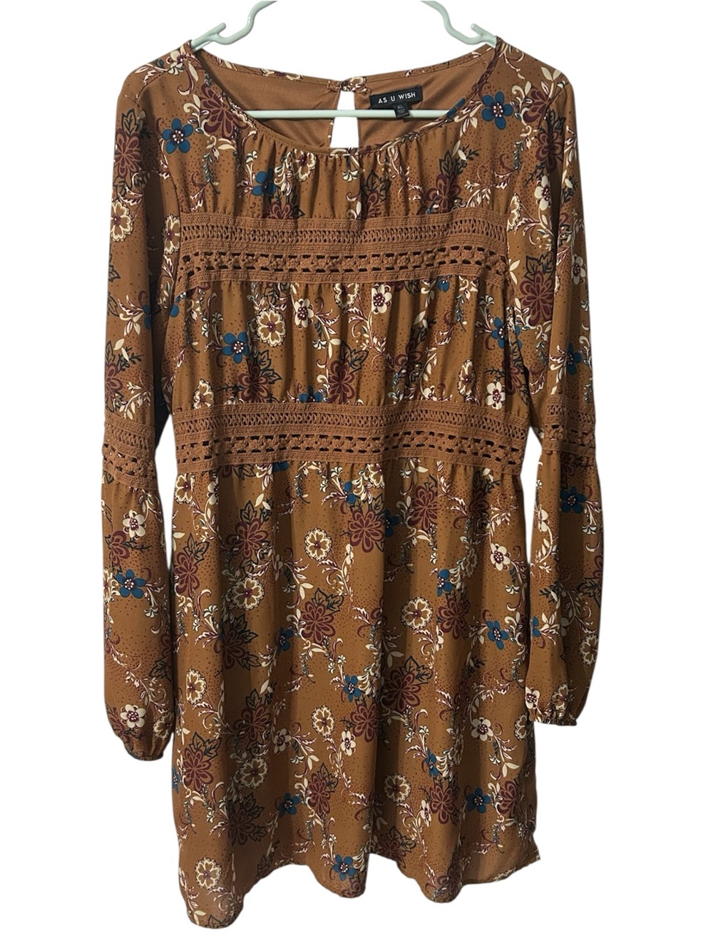 AS U WISH Floral Boho Western Long Sleeve Peasant Dress Size XL Crochet Details